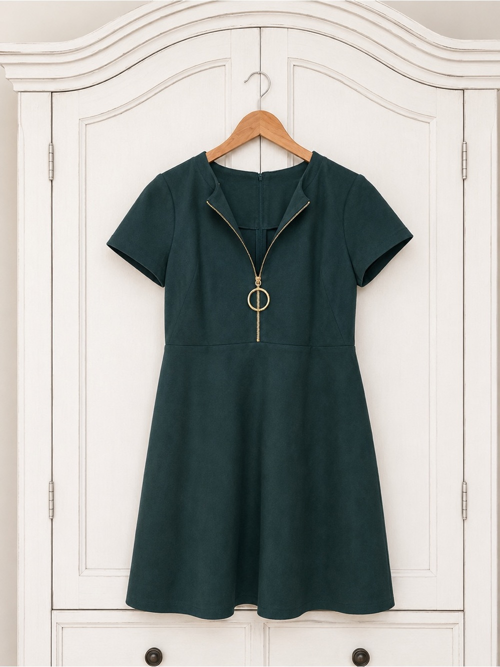 Calvin Klein Dark Teal Short-Sleeve Zip-Front Fit & Flare Dress